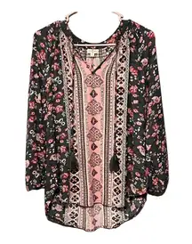 “Caseey” Gauze Floral Mixed Print Split Collar Tassel Detail Top M