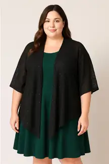 Chicos Black Sequin Lace Open Front Kimono Cardigan Sequins OS Stretch Holiday