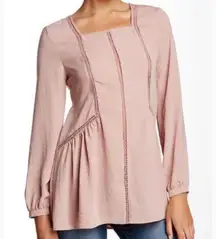 5/$20 RO & DE Mauve Pink Long Bishop Sleeve Embroidered Inset Blouse Top Size XS