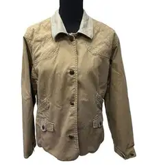 Columbia  River Resort  Canvas Jacket Khaki Button Up Leather Trim Womens Large