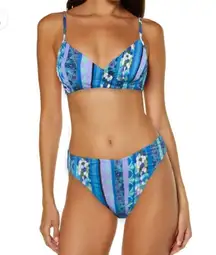 Lucky Brand Bikini Set High Rise Blue Floral Geometric Medium New Beachy Vacay