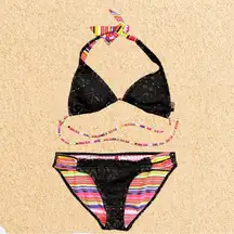 OP Bikini Swimsuit Black Crochet Laser Cut Rainbow Stripe M Medium