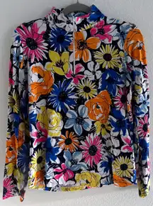 IBKUL Gia Quarter Zip Women Med Blue White Sunflower Activewear UPF 50 Outdoor