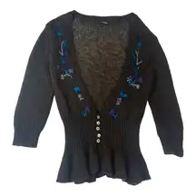 Wooden Ships size small medium Dark Brown Cardigan Floral Embroidery wool mohair