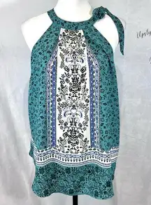 Halter tie neck green white and blue boho top size medium