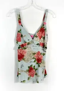 Y2K Light Blue Rose Floral Map Design Bow Detail Cami Tank Top M