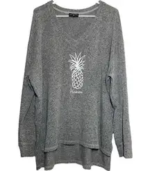 Spirit Jersey  Sweatshirt Pineapple Hawaii Hi-Lo Long Sleeve V-Neck Gray Large