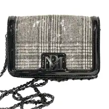 Badgley Mischka Black Plaid Bag Sequin Vegan Leather Purse Crossbody Chain Link