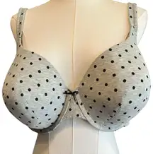 Cacique Lightly Lined T Shirt Bra Gray with Black Polka Dots 46DD Jersey Bow