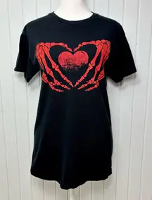 Neon Riot BlackShort Sleeve Tee Gothic Skeleton Heart Crop with Red Heart Design