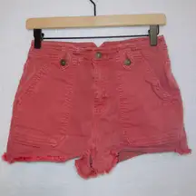 Red High Rise Utility Frayed Hem Shorts