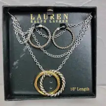 VTG Lauren Ralph Lauren Necklace & Hoop Earring Set NIB Silver Gold Tone 18"
