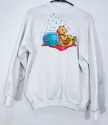 Vintage Hand Crafted Puff Paint Cat‎ Fishing for Lunch Goldfish Bowl Women's XL