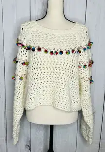 ZARA Chunky Open Knit Wool Blend Sweater Size S Pom Pom Oversized Artsy Boxy