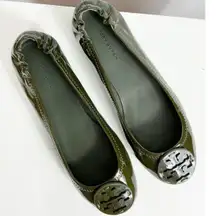 Tory Burch Womens Minnie Patent Leather Ballet Flats Shoes Leccio Dark Green 6.5