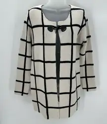 Escio Cardigan Sweater Womens M Toggle Button Windowpane Plaid Ivory Black NEW