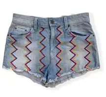 Carmar Denim Embroidered Zigzag Denim Jean Shorts Fray Cut Off Sz 28 Raw Hem