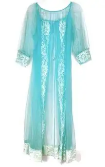 Vintage Aqua Blue Peignoir Sheer Open Front Negligee Dressing Gown L