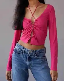 Urban Outfitters‎ Elena Drawstring Cutout Top Hot Pink Long Sleeve Size L