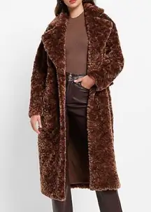 EXPRESS Brown Furry Soft Winter Fall Belted Faux Fur Trench Coat Jacket