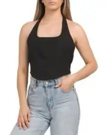 Hunter & Brown NWT Women's Denim Square Neck Halter Smocked Back Crop Top M