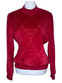 Alfred Dunner Vintage Cotton Red Velvet Sequin Geometric Mock Neck Sweater PL