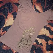 Vtg 90s Y2K baby doll graphic tee shirt tunic grunge beaded embroidered gold M