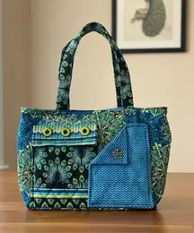 Handmade Peacock-Pattern Quilted Tote Bag – Blue/Green Fabric – 13" x 5" x 10"