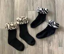 Animal print fur roll cuff socks