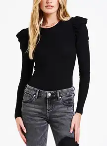 Dear John Tessa Black Long Sleeve Ribbed Top Puff Shoulder Blouse Medium Chic‎