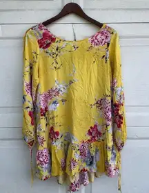 Jaase Women’s Shirt Tunic Yellow Floral Swan Ladder Lace Boho Medium