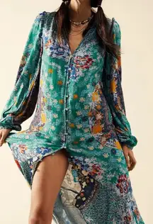 Free People Marais Printed Midi maxi high low button Dress fall long sleeve XS