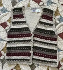 Vintage green and burgundy hand knit cottagecore boho granola vest