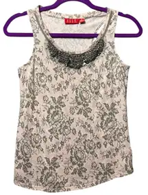ELLE Floral Tank Top with Beaded Necklace Detail Gray‎ Pink Size S
