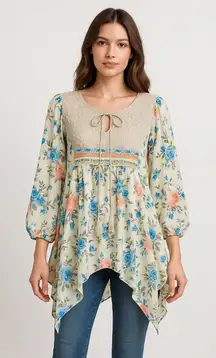 Ivy Jane Shirt Women Medium Ivory Floral Lace Boho Asymmetric Hem Tunic Top