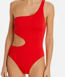 NWT- Aqua One Piece Red One Shoulder Cut Out Swimsuit- Size M