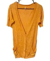 Free People Size Small Orange Short Sleeve V Neck Linen Button Cardigan