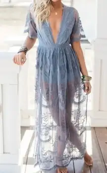 Honey Punch Mila Lace Maxi Romper Dress‎ Dusty Blue size medium