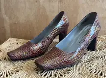 Vintage Bellini 90s Leather Metallic Orange Rust Red Square Toe Heels Sz 7.5 Y2K