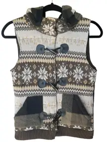 Fair Isle Nordic Quilted Hooded Sweater Vest Snowflake‎ Brown Knit S
