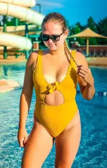 Ribbed One Piece Yellow Low Back Swimsuit