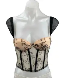 Women's Beige Black Mesh Corset Bustier Cap Sleeve Lady Stitch Crop Top Size S