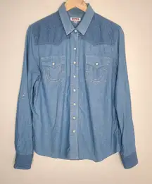 True Religion Denim Pearl‎ Snap Shirt Womens Blue Western Cowgirl Classic XL