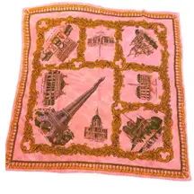 1960’s Pink & Gold Paris, France Souvenir Scarf Landmark Regency 30x30”