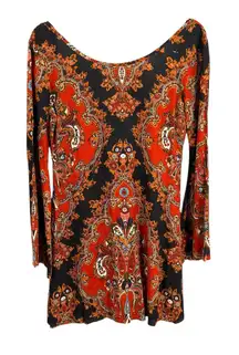 Raga Boho Paisley Mini Dress Black Red Low Back Flutter Sleeve XS New