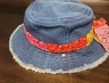 Juicy Couture unisex denim bucket hat with a distressed brim and paisley bandana