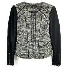 Ann Taylor Black White Tweed Mixed Media Full Zip Blazer Jacket 0