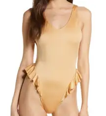 Something Navy NWT Beige Crystal Metallic Frill One-Piece Open Back Swimsuit