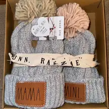 Rae Dunn "MAMA & MINI" Beanie Hat Set With Pom Pom In soft gray with a blue cast