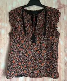 Greylin Orange Fall Floral Black Tassel Tie Boho Blouse